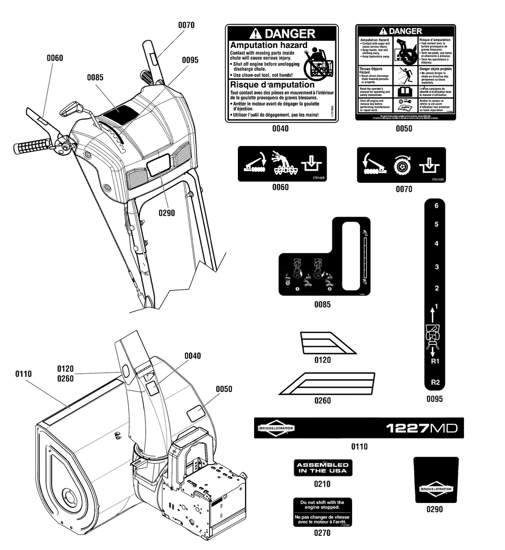 Decals Group Diagram and Parts List for 1696562-00-1227MD 2015 Briggs and Stratton Snow Blower